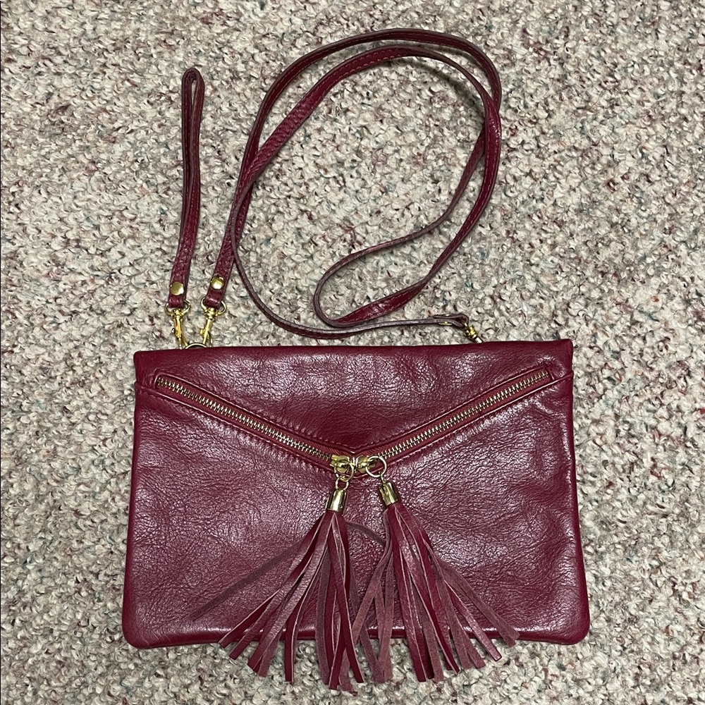 Burgundy Leather Clutch/wristlet /crossbody with Tassels - new